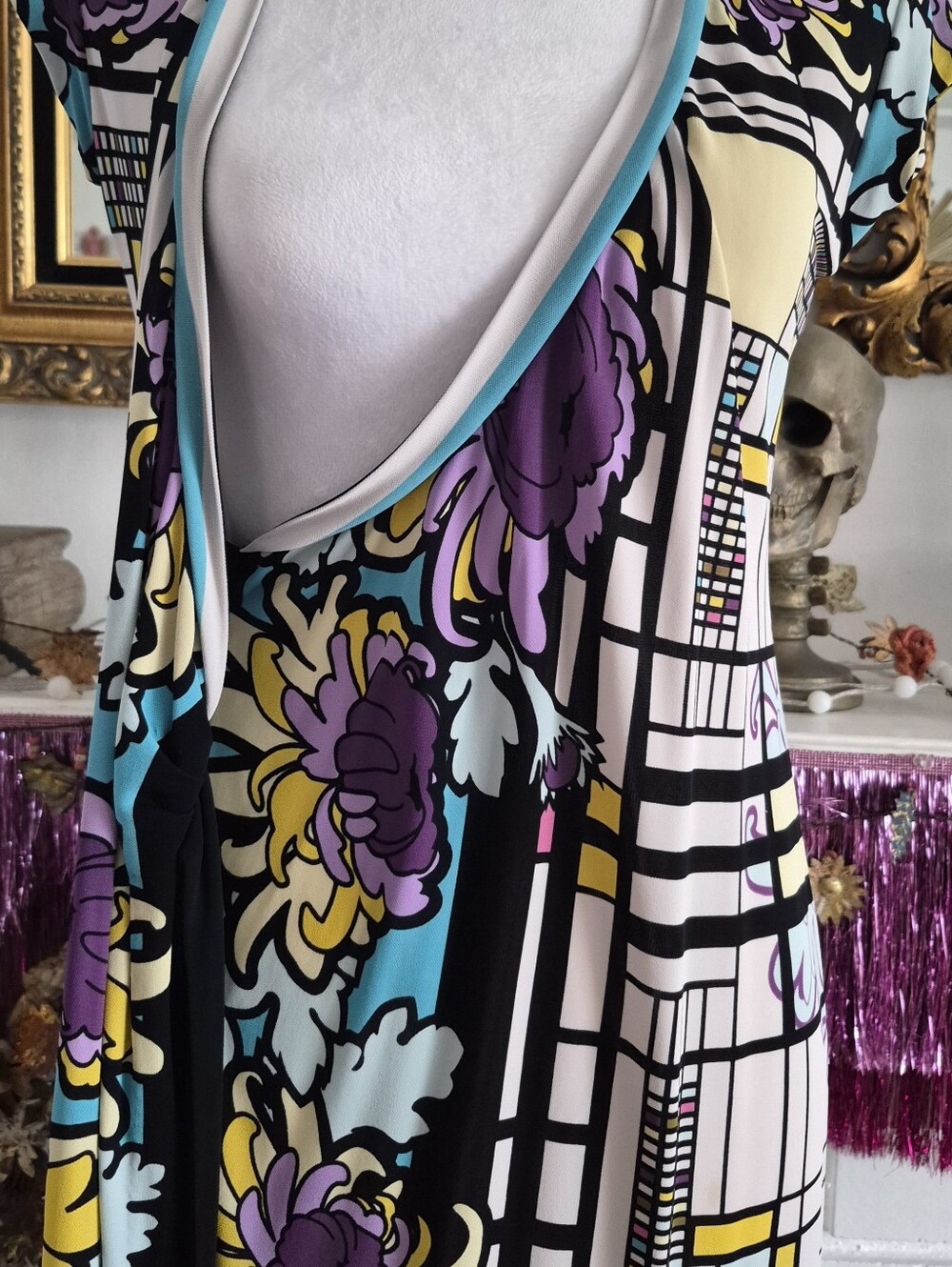 Nicole Miller Black, Purple, Yellow & Blue Geometric Floral Wrap Dress - Picture 3 of 5